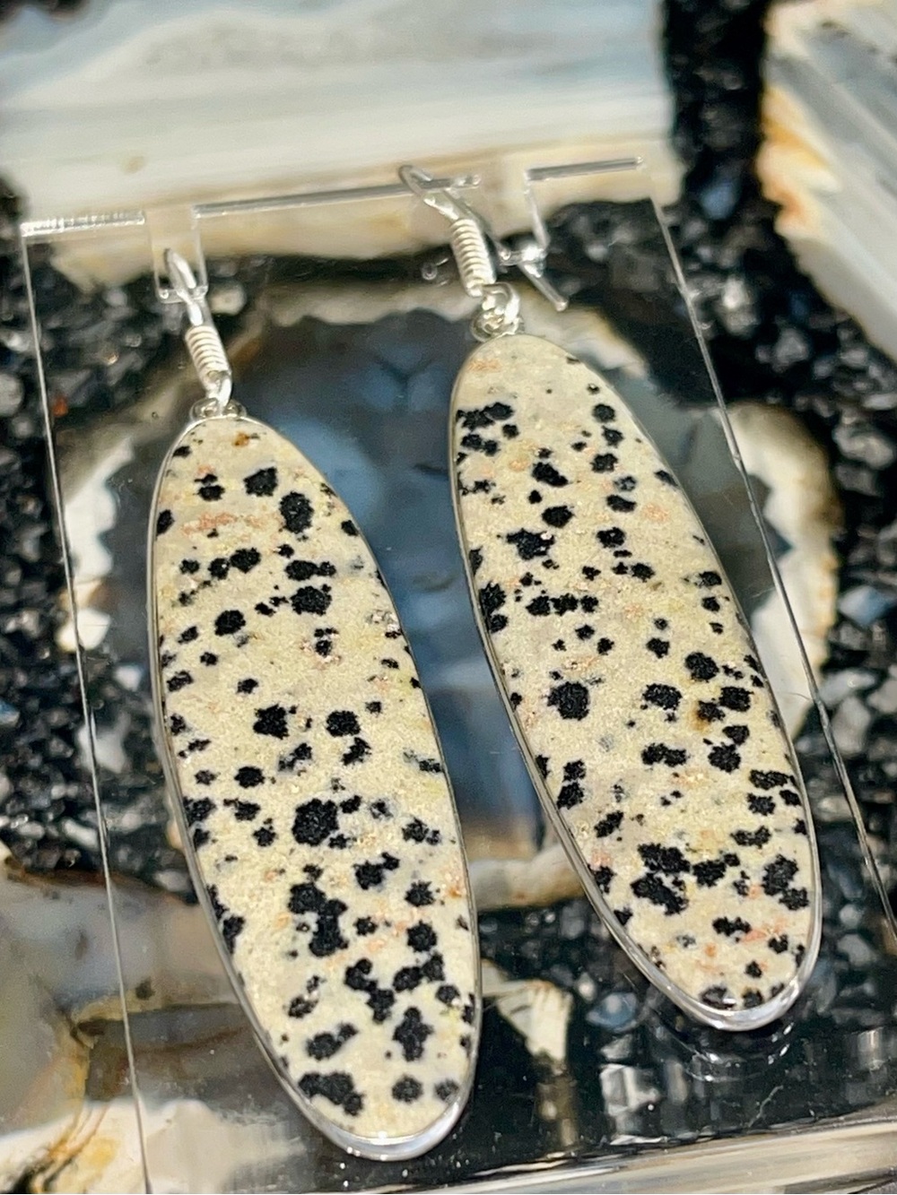 Jumbo Feldspar Quartz Dalmatian Jasper Stone Crystal Earrings 3”